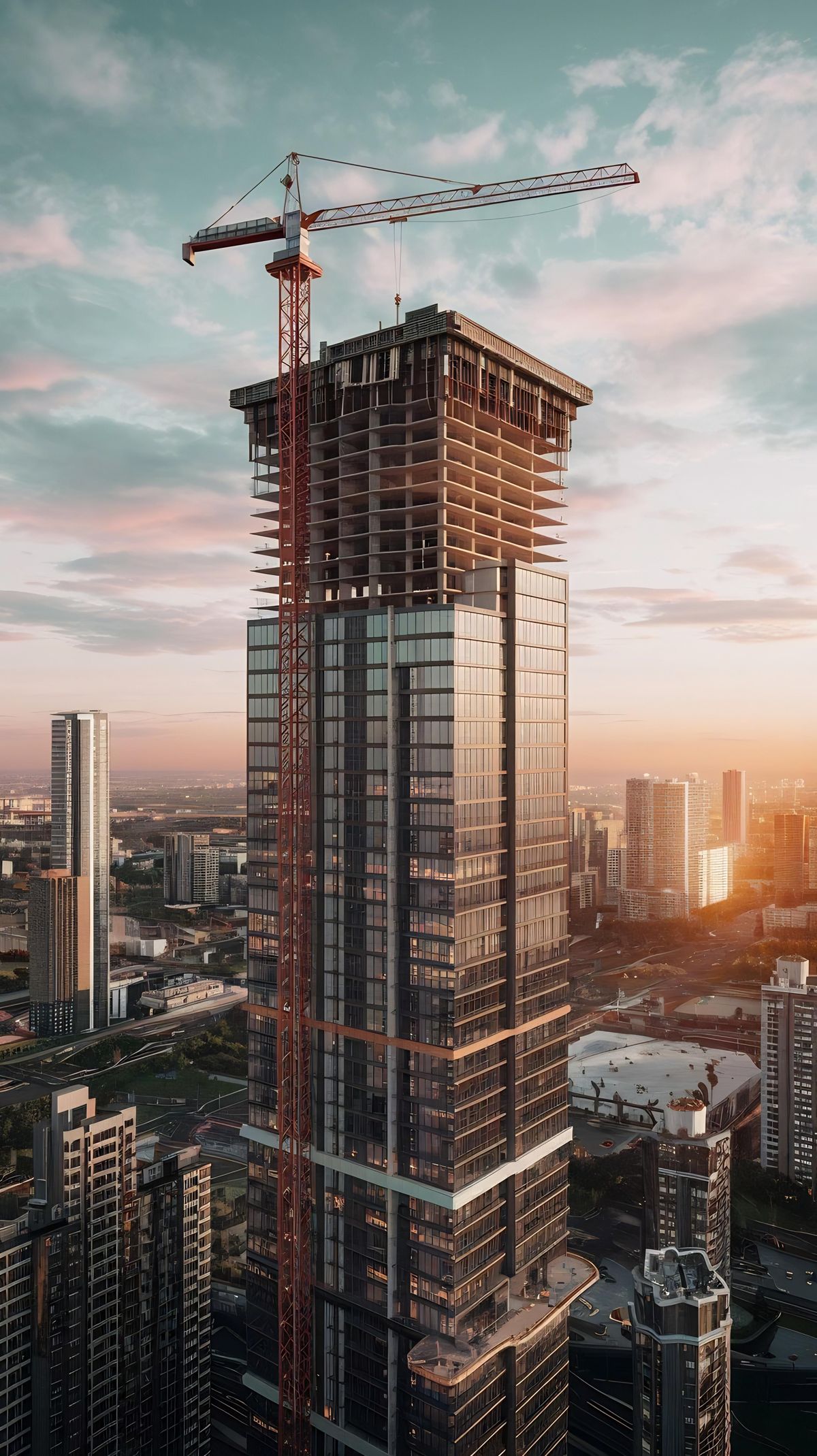 Edifício em construção com guindaste ao pôr do sol